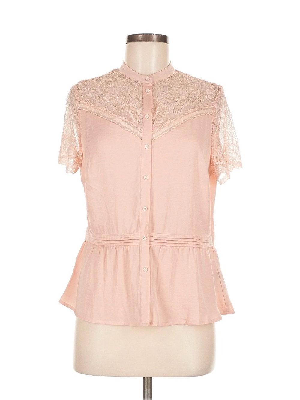 Who What Wear Blush Pink Lace Yoke Button-Front Peplum Top